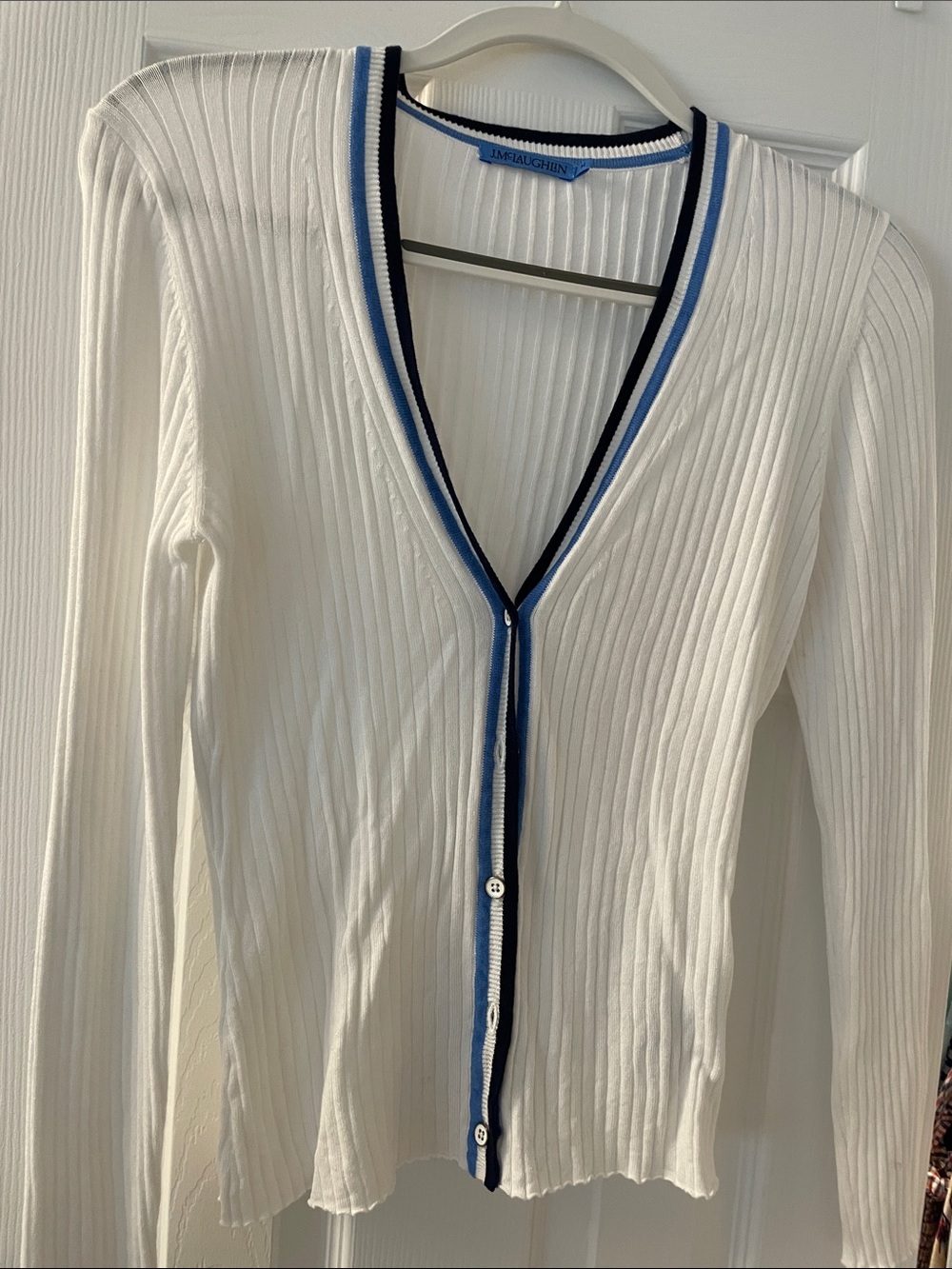 J. McLaughlin White Ribbed V‑Neck Cardigan with Blue Trim
